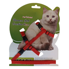 Gezdirme Kayışlı Dokuma Kedi Göğüs Tasma Seti 20*32-120 cm Kırmızı - KNY-KDTSMST-KRMZ