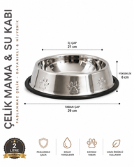 Köpekler İçin Pati Desenli Çelik Mama Su Kabı 30 Cm - 64 Oz - 2 LT - KP-CLK-2LT