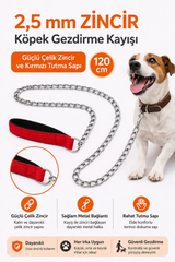 Zincir Köpek Gezdirme Kayışı Dayanıklı Çelik & Ergonomik Tutma Saplı 2,5 mm-120 cm Kırmızı - KP-ZNCRGZ-KRMZ
