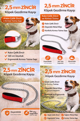 Zincir Köpek Gezdirme Kayışı Dayanıklı Çelik & Ergonomik Tutma Saplı 2,5 mm-120 cm Kırmızı - KP-ZNCRGZ-KRMZ
