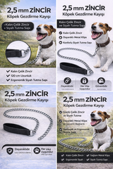 Zincir Köpek Gezdirme Kayışı Dayanıklı Çelik & Ergonomik Tutma Saplı 2,5 mm-120 cm Siyah - KP-ZNCRGZ-SYH