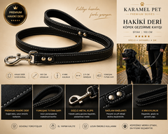 Premium Hakiki Deri Köpek Gezdirme Kayışı Siyah 100 cm Yumuşak Dolgulu Tutma Saplı - KP-DRGZDRM-SYH