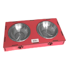 Ahşap Sehpalı İkili Devrilmez Kedi Köpek Su Ve Mama Kabı 34 cm - 300 ml Kırmızı - SF-AHSPMK-KRMZ