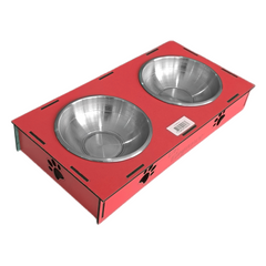 Ahşap Sehpalı İkili Devrilmez Kedi Köpek Su Ve Mama Kabı 34 cm - 300 ml Kırmızı - SF-AHSPMK-KRMZ