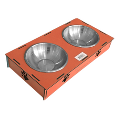 Ahşap Sehpalı İkili Devrilmez Kedi Köpek Su Ve Mama Kabı 34 cm - 300 ml Turuncu - SF-AHSPMK-TRNC