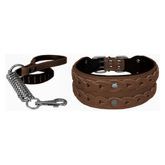 Markapet Elegance Deri İşlemeli Lüks Köpek Tasma Seti XL 7 cm*60-68 cm Kahverengi - DR-5006