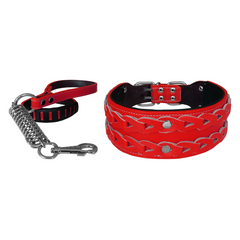 Markapet Elegance Deri İşlemeli Lüks Köpek Tasma Seti XL 7 cm*60-68 cm Kırmızı - DR-5002