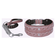 Markapet Elegance Deri İşlemeli Lüks Köpek Tasma Seti XL 7 cm*60-68 cm Pudra - DR-5005