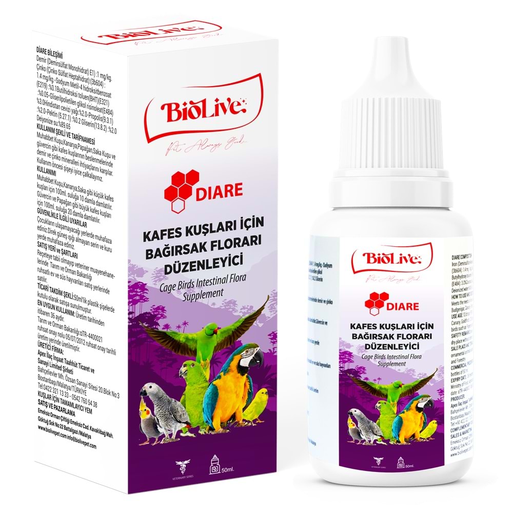 Biolive Diare Kuşlar İçin Bağırsak Düzenleyici Vitamin 50ml - BIO-032