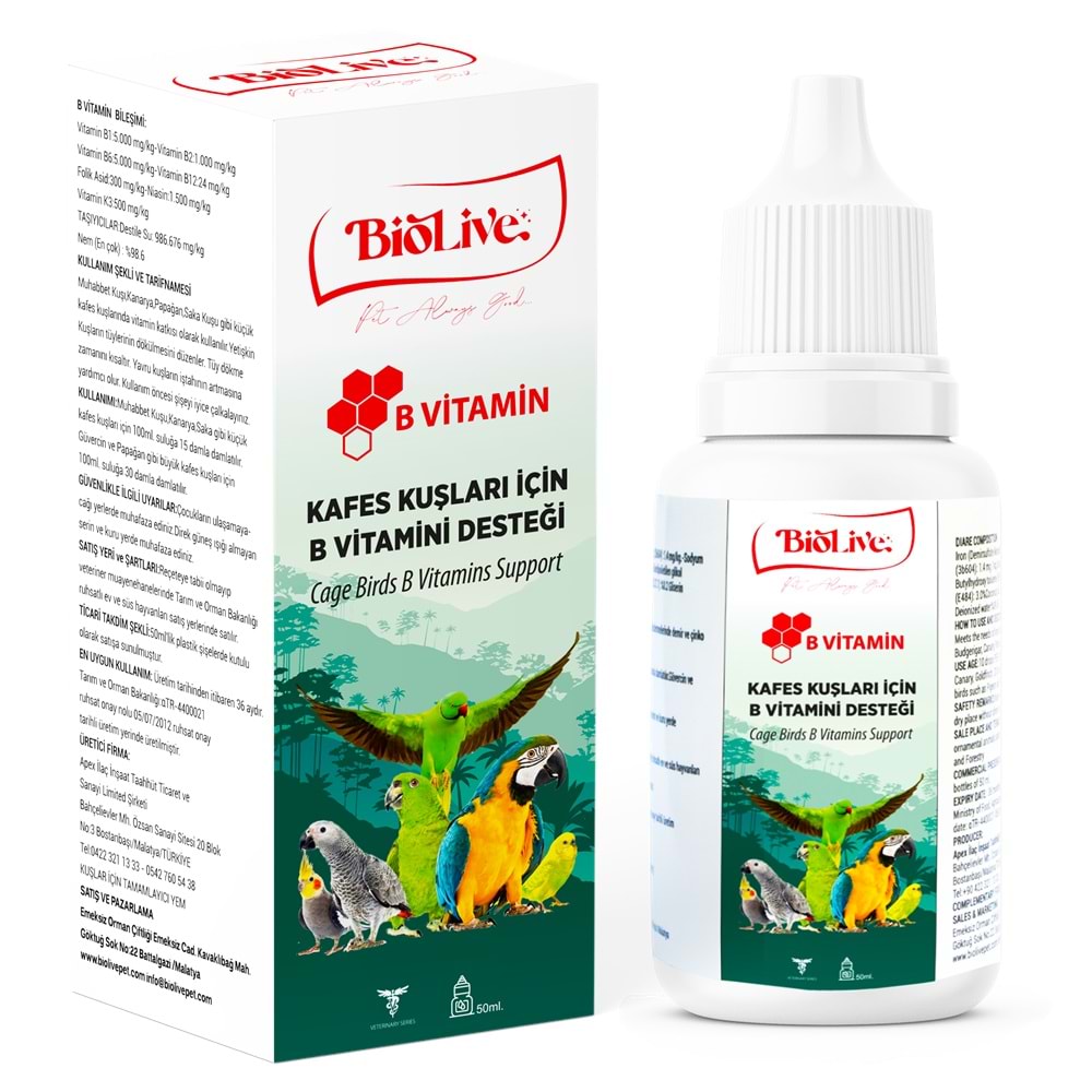 Biolive B-Vitamin Kuşlar İçin Tüy Döküm Desteği 50ml - BIO-034