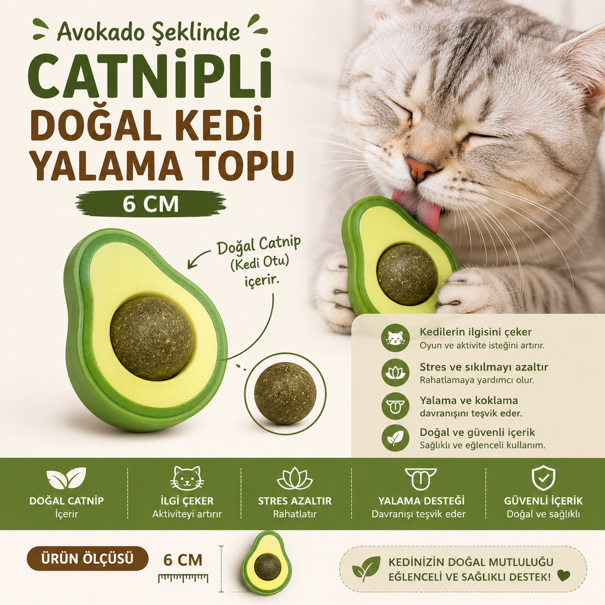Avokado Şeklinde Catnipli Doğal Kedi Yalama Topu 6 Cm - 11093-2