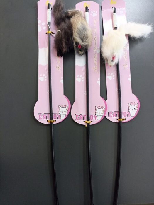 Fareli Kedi Oltası Ahşap Saplı Tüylü Kedi Oyuncağı 40-50 cm Renkli - MAD-307