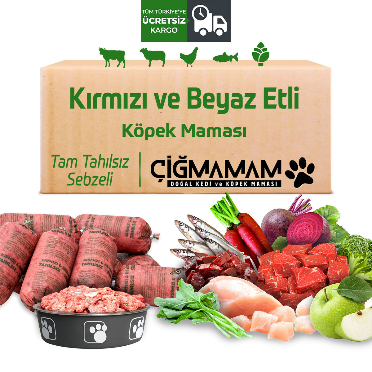 Çiğ Mamam Kırmızı-Beyaz Etli Tahılsız Köpek Barf Maması 3.250 gr