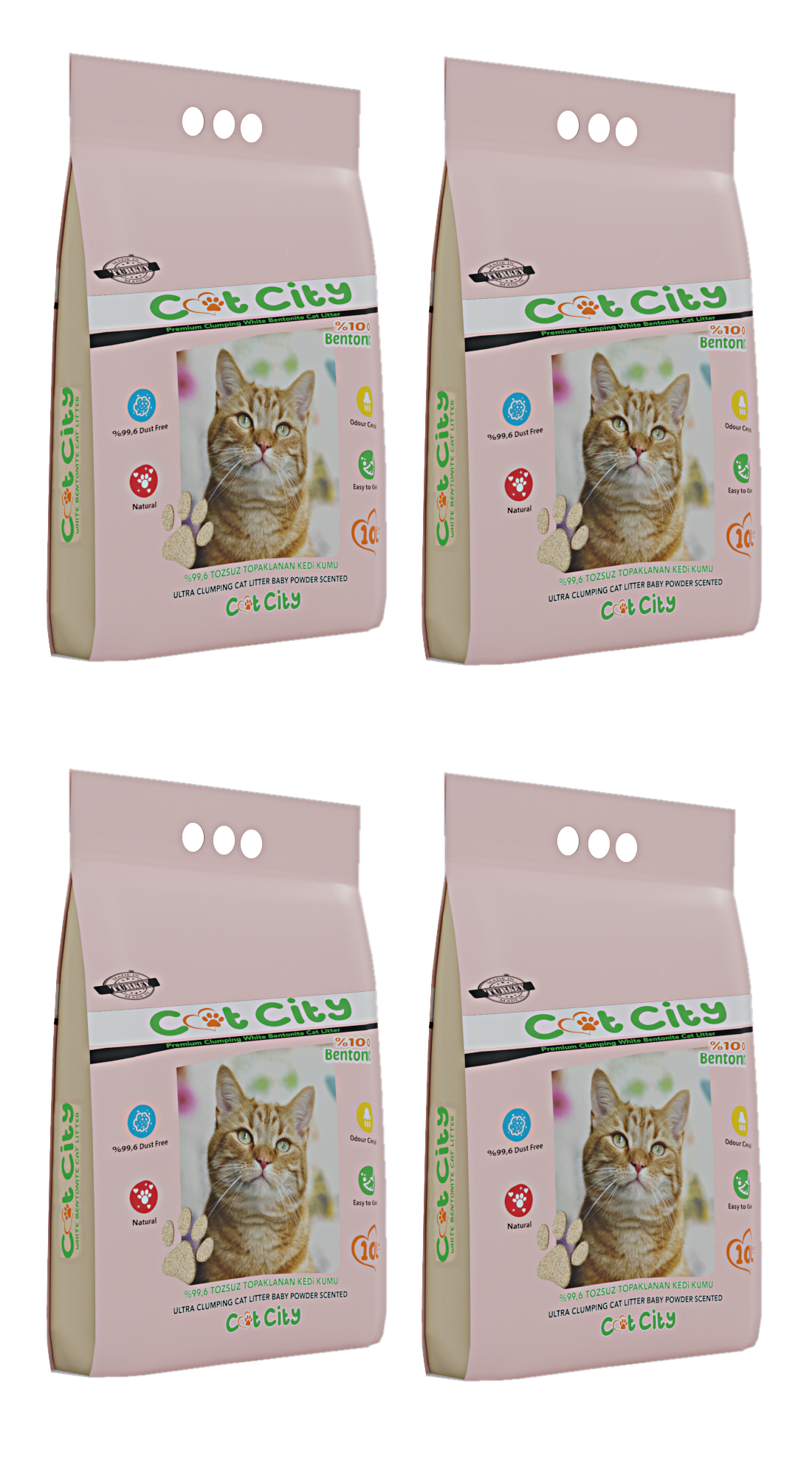 Cat City Ekstra Parfümlü Bentonit Topaklanan Kedi Kumu 10 Lt Bebek Pudralı ( 4 Adet ) - 10790-B4