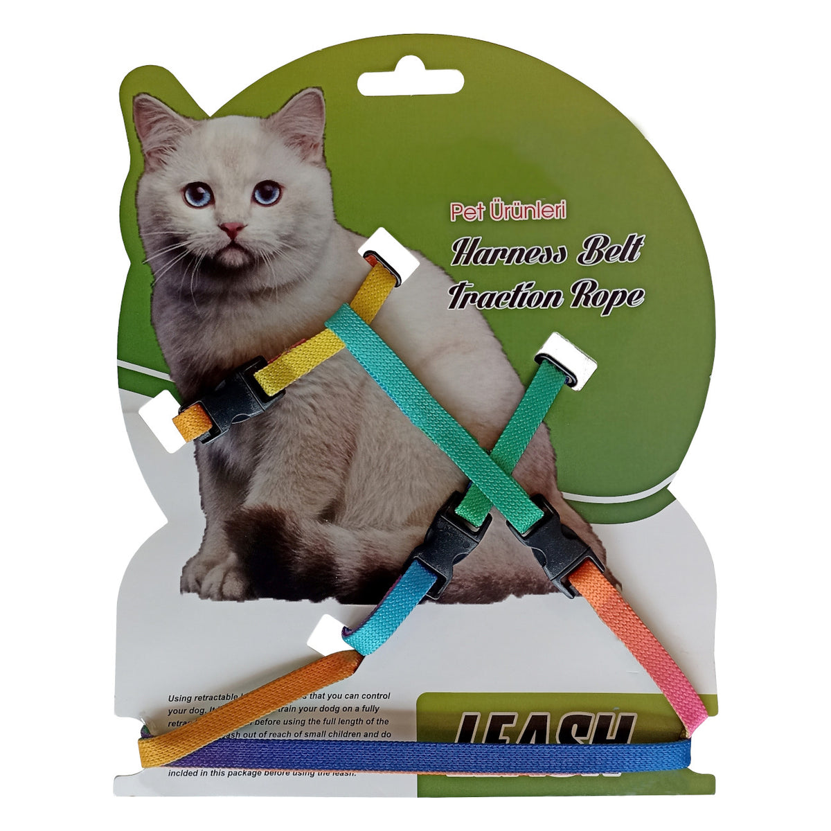 Gezdirme Kayışlı Dokuma Kedi Göğüs Tasma Seti 20*32-120 cm Renkli - KNY-KDTSMST-RNKL