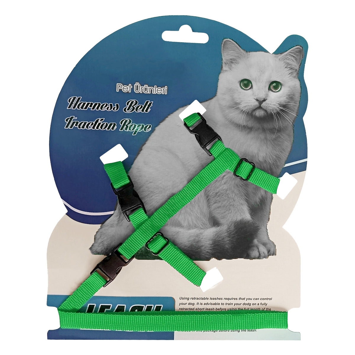 Gezdirme Kayışlı Dokuma Kedi Göğüs Tasma Seti 20*32-120 cm Yeşil - KNY-KDTSMST-YSL