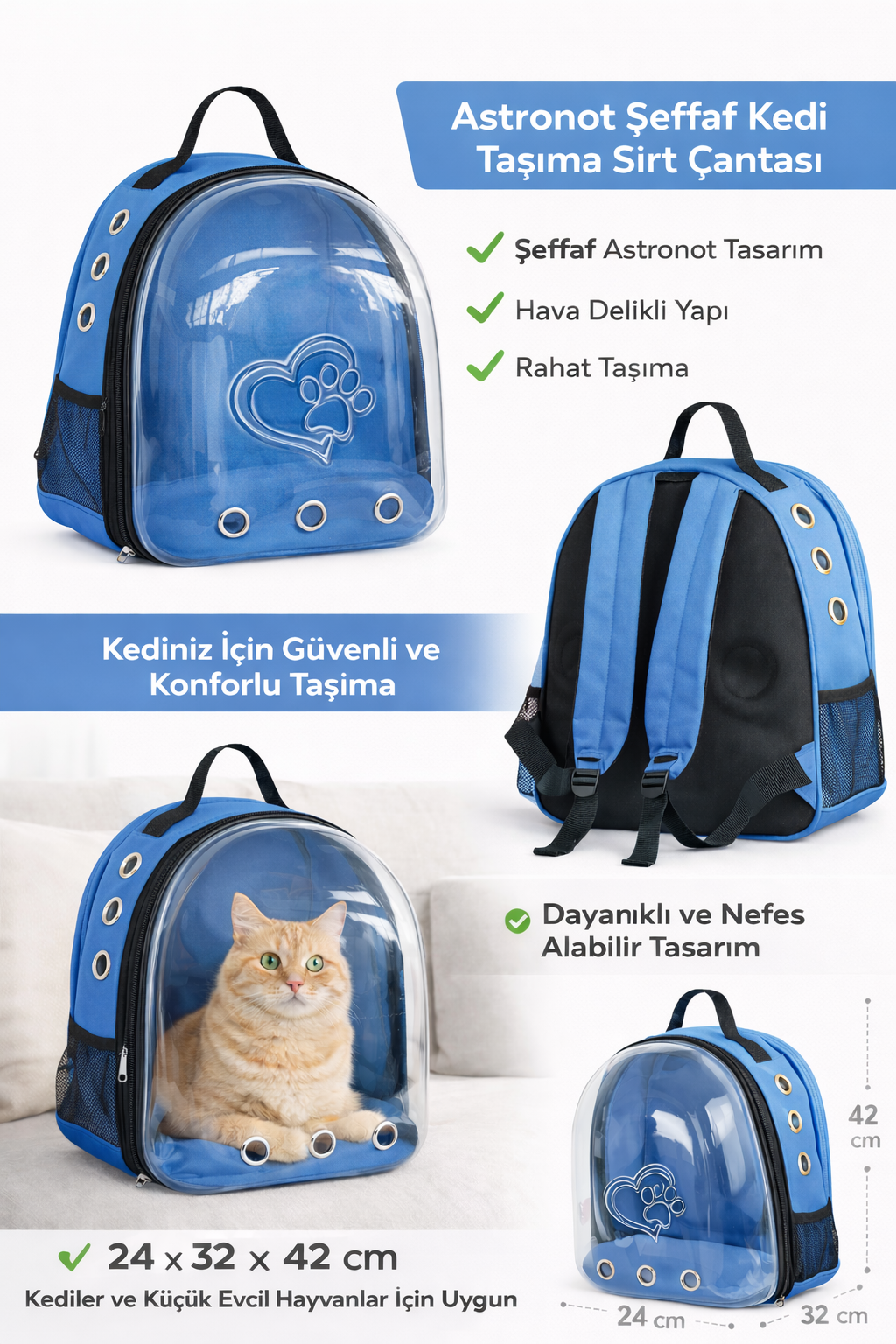 KP Kalpli Patili Astronot Şeffaf Taşıma Sırt Çantası Mavi 24x32x42 cm - KP-ASTRNTKLP-MV