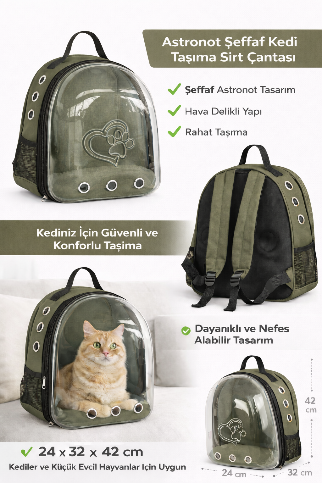 KP Kalpli Patili Astronot Şeffaf Taşıma Sırt Çantası Haki 24x32x42 cm - KP-ASTRNTKLP-HK