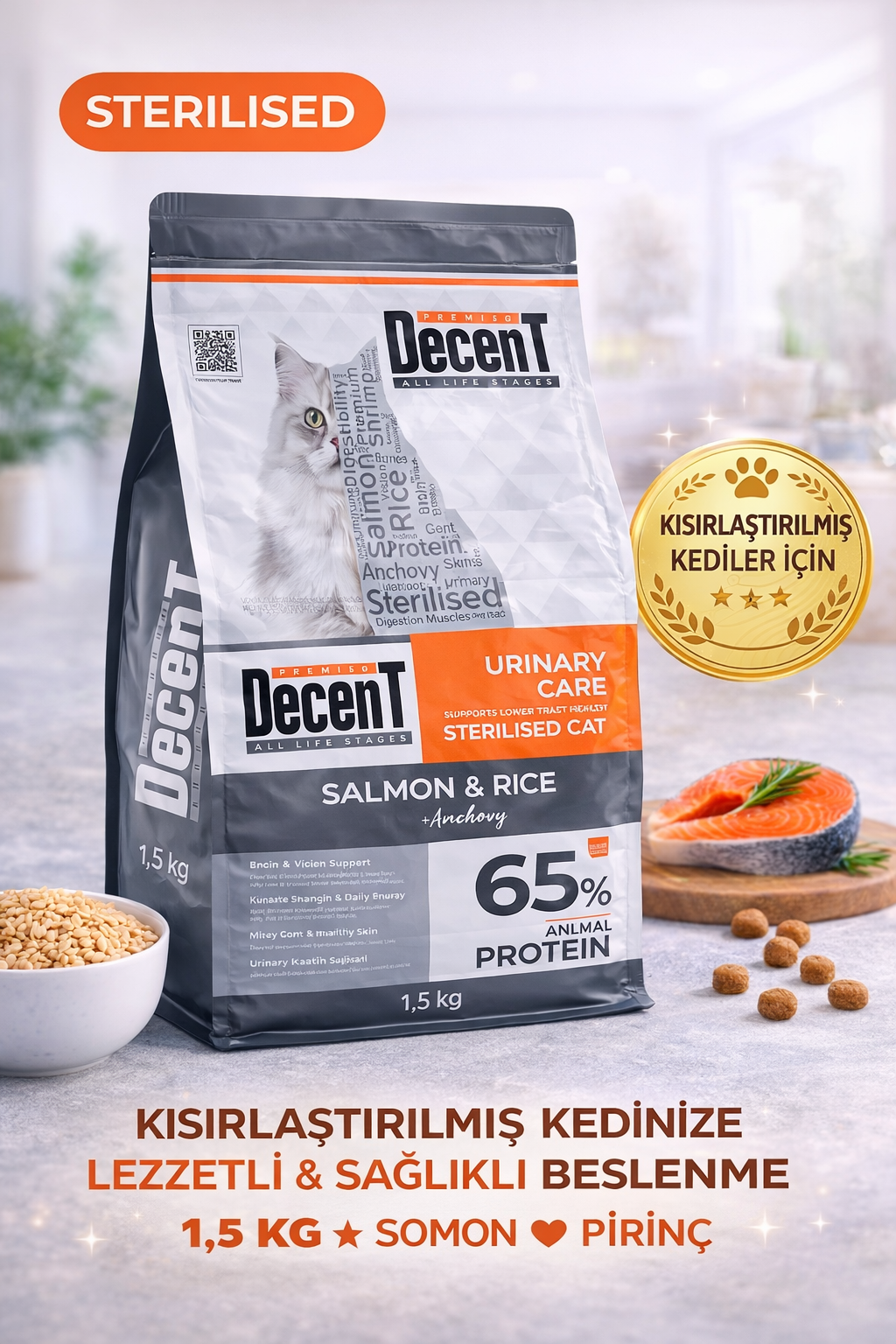 Decent Sterilised Urinary Care Balıklı ve Pirinçli Kısırlaştırılmış Kedi Maması 1.5 Kg - 13368-2