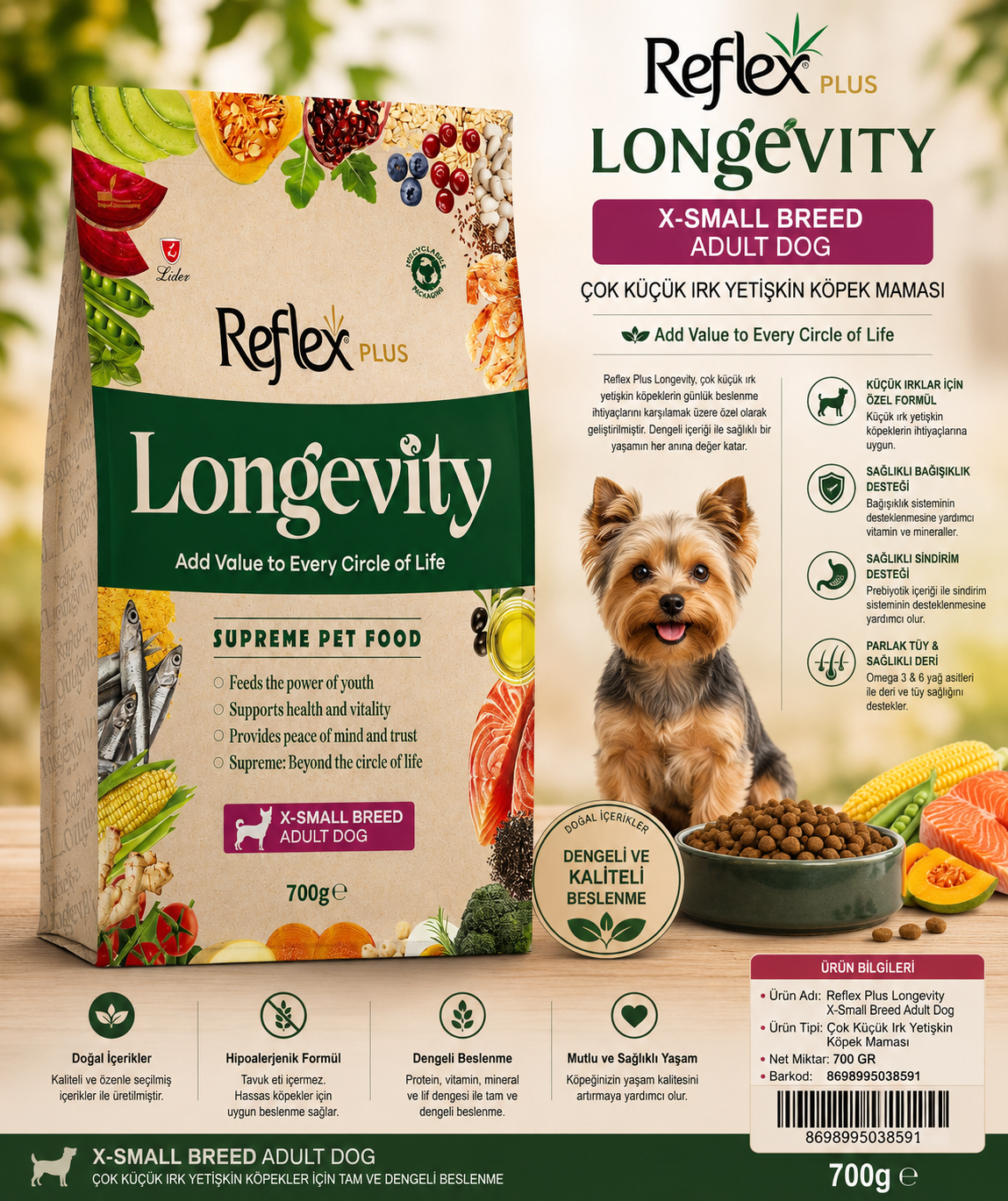 Reflex Plus Longevity Hipoalerjenik Çok Küçük Irk Yetişkin Köpek Maması 700gr - LDR-LNGVTY