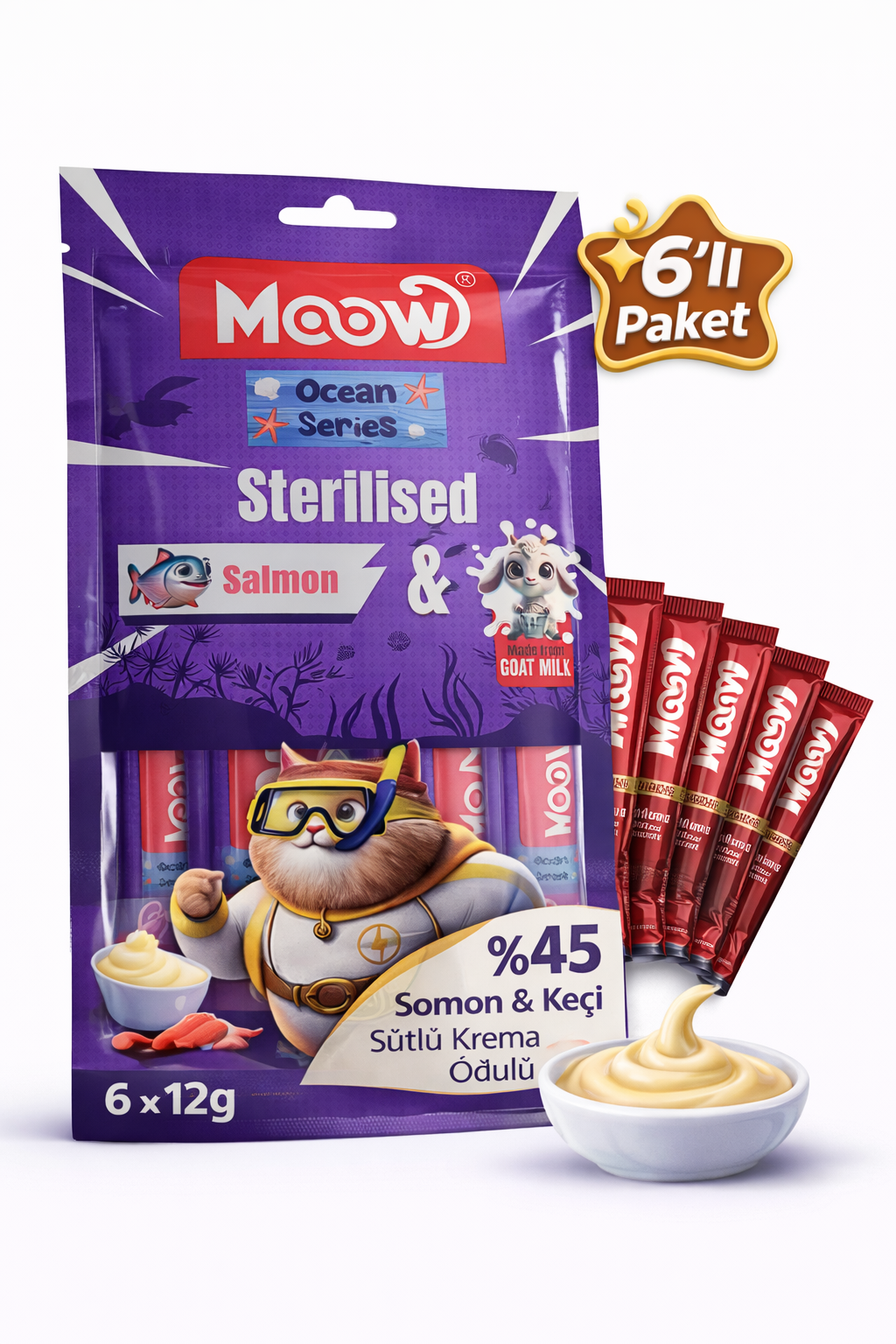 Moow Creamy Somonlu ve Keçi Sütlü Kısırlaştırılmış Sıvı Krema Kedi Ödülü 6x12 gr - 13441-5