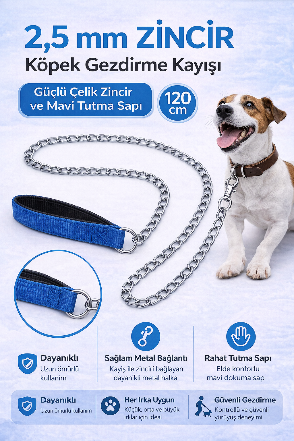 Zincir Köpek Gezdirme Kayışı Dayanıklı Çelik & Ergonomik Tutma Saplı 2,5 mm-120 cm Mavi - KP-ZNCRGZ-MV