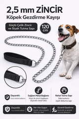 Zincir Köpek Gezdirme Kayışı Dayanıklı Çelik & Ergonomik Tutma Saplı 2,5 mm-120 cm Siyah - KP-ZNCRGZ-SYH