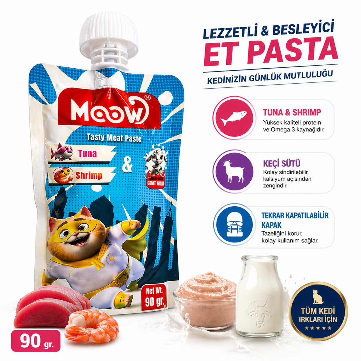 Moow Taze Ton Balıklı Karidesli ve Keçi Sütlü Kedi Et Ezmesi 90 gr - 13468