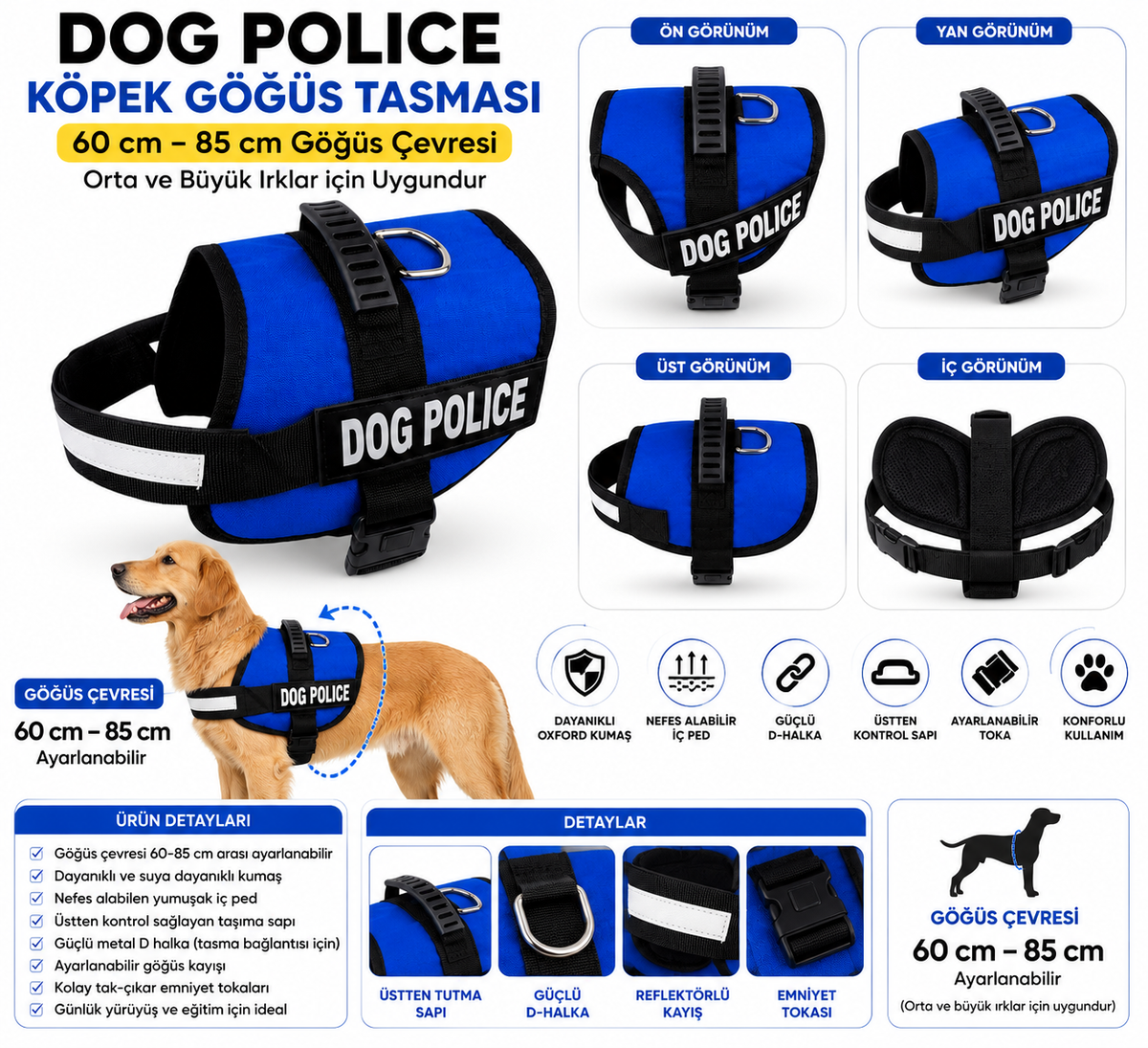 Dog Police Ayarlanabilir Köpek Göğüs Tasması Mavi-Siyah (60-85 cm) - KP-DGPLC-M-MVSYH
