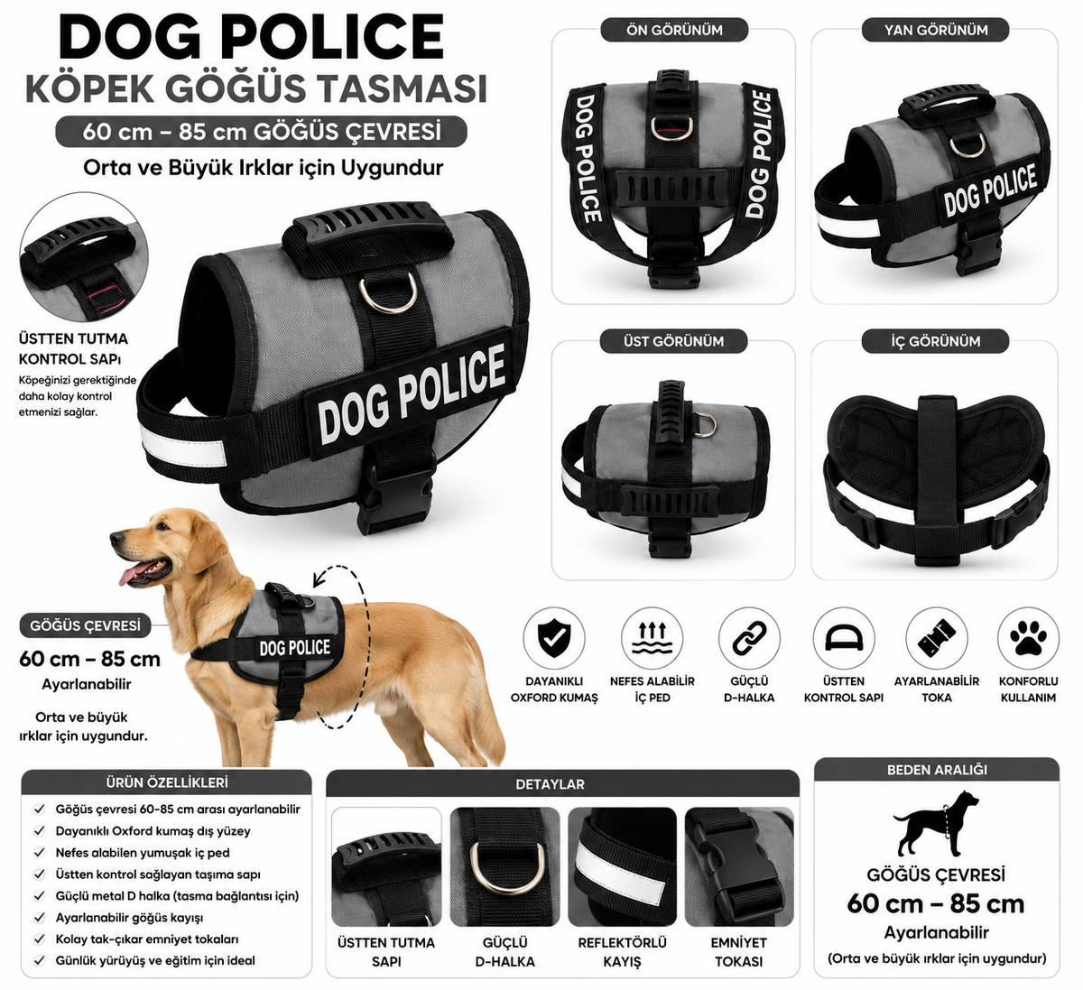 Dog Police Ayarlanabilir Köpek Göğüs Tasması Gri - Siyah (60-85 cm) - KP-DGPLC-M-GR