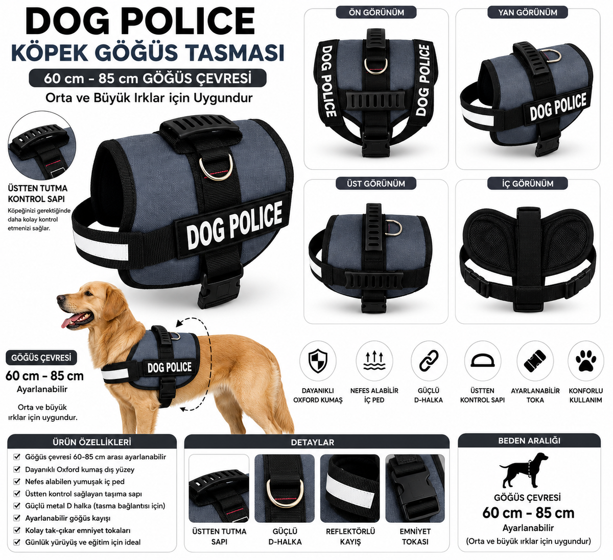 Dog Police Ayarlanabilir Köpek Göğüs Tasması Füme Gri - Siyah (60-85 cm) - KP-DGPLC-M-FMGR
