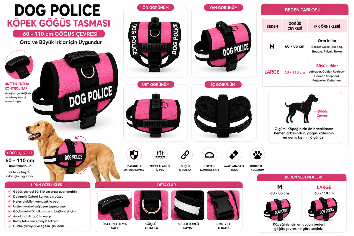 Dog Police Ayarlanabilir Köpek Göğüs Tasması Pembe - Siyah (60-110 cm) - KP-DGPLC-L-PMB
