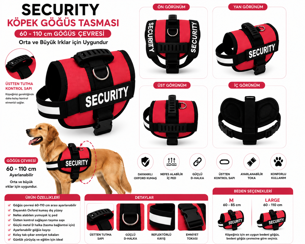 Dog Police Ayarlanabilir Köpek Göğüs Tasması Kırmızı - Siyah (60-110 cm) - KP-DGPLC-L-KRMZ