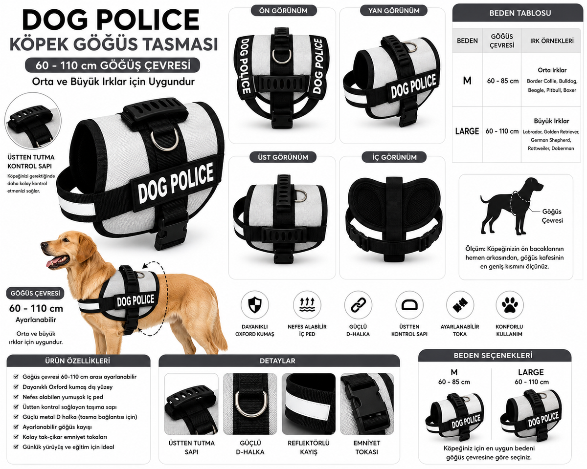 Dog Police Ayarlanabilir Köpek Göğüs Tasması Bej - Siyah (60-110 cm) - KP-DGPLC-L-BJ