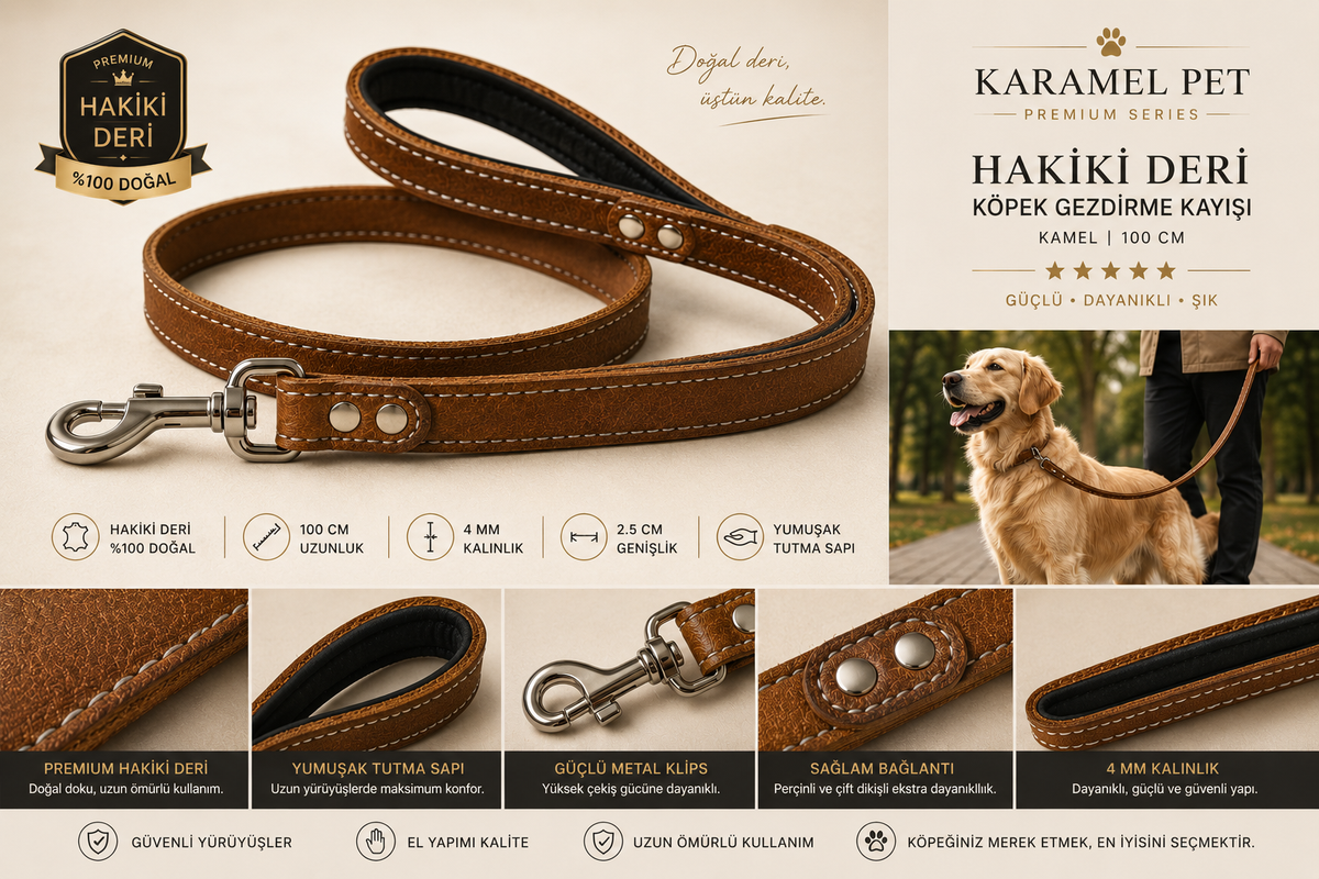 Premium Hakiki Deri Köpek Gezdirme Kayışı Kamel 100 cm Yumuşak Dolgulu Tutma Saplı - KP-DRGZDRM-KML