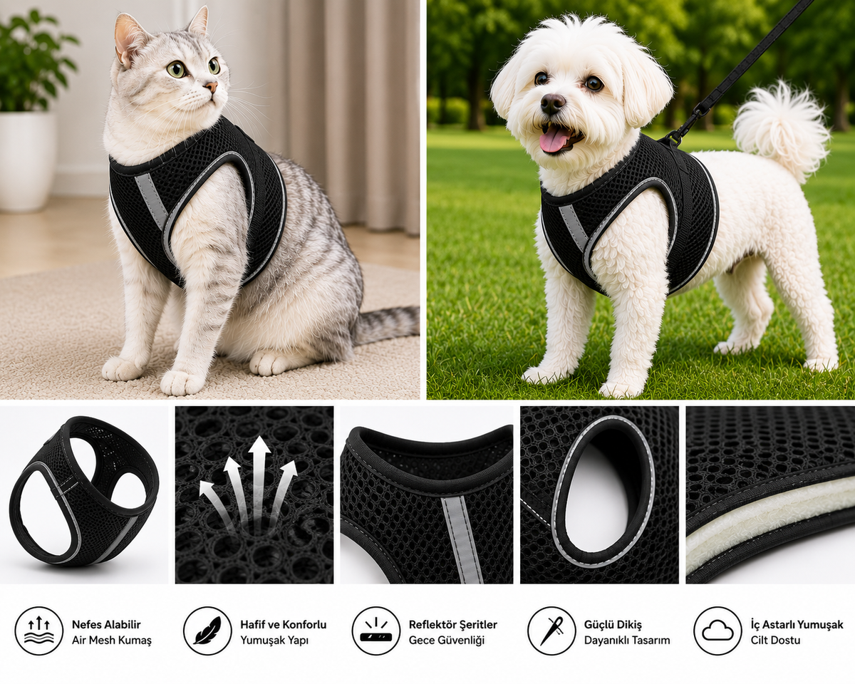 Nefes Alan Kumaş Air Mesh Kedi Köpek Göğüs Tasması Medium 44x48 cm Siyah - KP-TMX-M-SYH