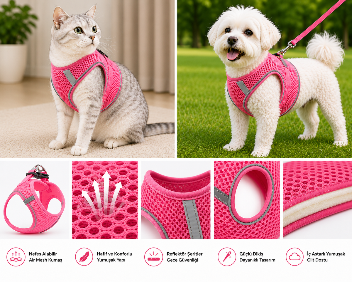 Nefes Alan Kumaş Air Mesh Kedi Köpek Göğüs Tasması XX Small 28x32 cm Neon Pembe - KP-TMX-XXS-NPMB