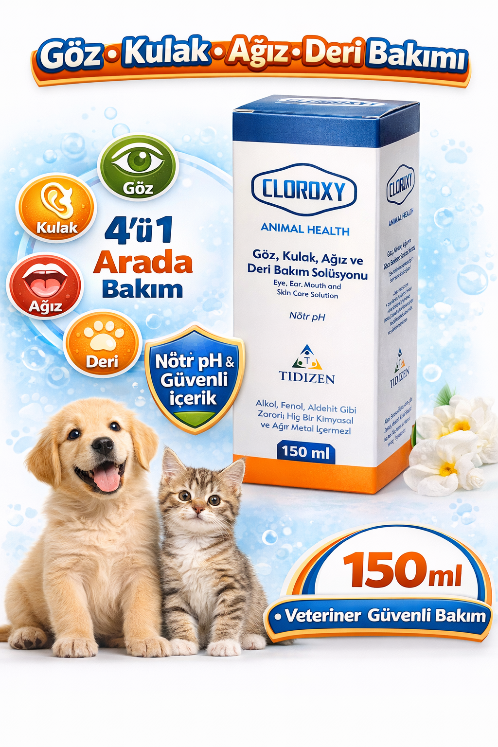 Cloroxy Kedi Köpek Göz Kulak Ağız ve Deri Bakım Solüsyonu 150 ml – Antiseptik Bakım Solüsyonu - TDZN-10138-2