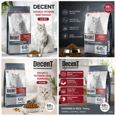 Decent Tavuklu Yetişkin Kedi Maması 1,5 Kg Hairball Control Tavuk & Pirinç Yetişkin Kedi Maması - 13368