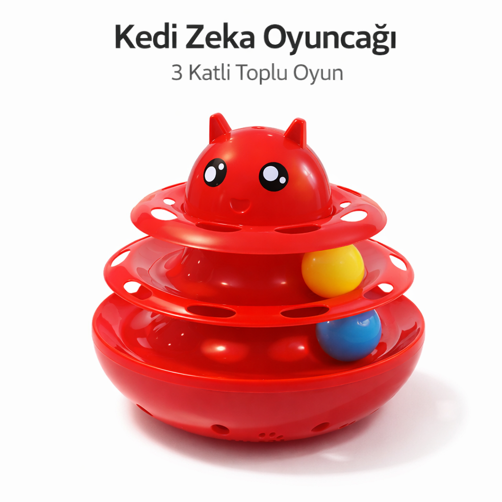 Hacıyatmaz Kedi Oyuncağı 3 Katlı Toplu Zeka Oyuncağı 20x21 cm – Devrilmez Interaktif Mama Oyuncağı - KP-NNBLKTL-KRMZ