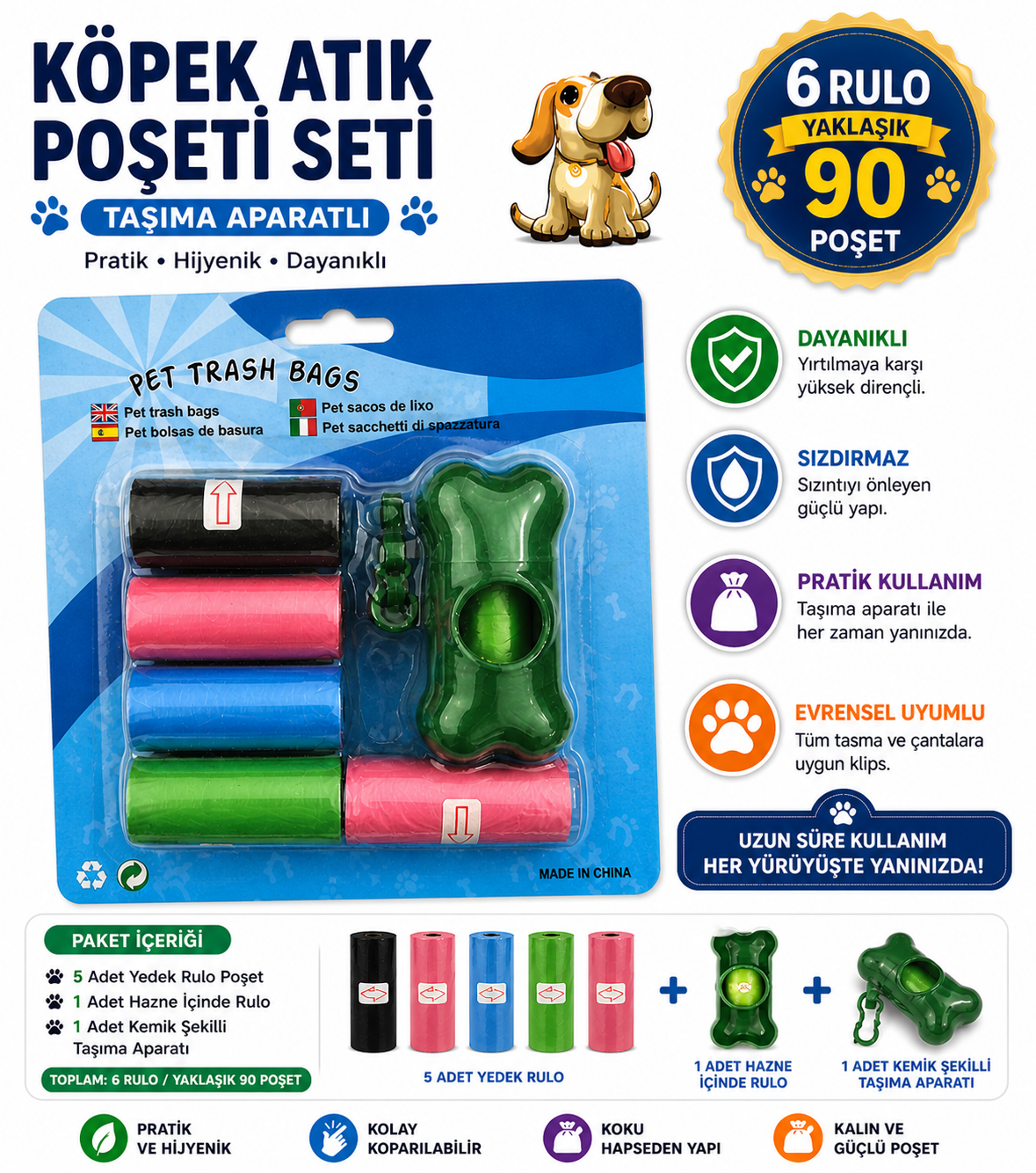 Köpek Dışkı Poşeti 6 rulo + Taşıma Aparatı Hediyeli ( 90 poşet - 6 rulo ) - 13492