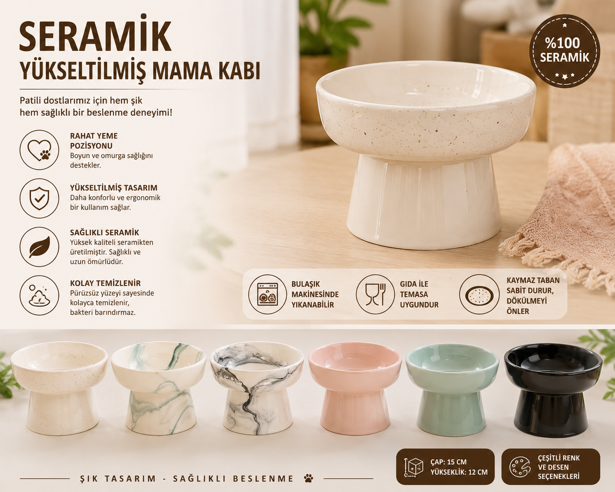 Yüksek Altlıklı Oval Seramik Mama Su Kabı 250 ml Çeşitli Renklerde - 13138-2