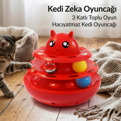 Hacıyatmaz Kedi Oyuncağı 3 Katlı Toplu Zeka Oyuncağı 20x21 cm – Devrilmez Interaktif Mama Oyuncağı - KP-NNBLKTL-KRMZ