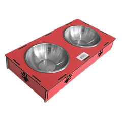 Ahşap Sehpalı İkili Devrilmez Kedi Köpek Su Ve Mama Kabı 34 cm - 300 ml Kırmızı - SF-AHSPMK-KRMZ