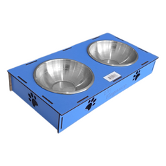 Ahşap Sehpalı İkili Devrilmez Kedi Köpek Su Ve Mama Kabı 34 cm - 300 ml Mavi - SF-AHSPMK-MV
