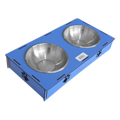 Ahşap Sehpalı İkili Devrilmez Kedi Köpek Su Ve Mama Kabı 34 cm - 300 ml Mavi - SF-AHSPMK-MV