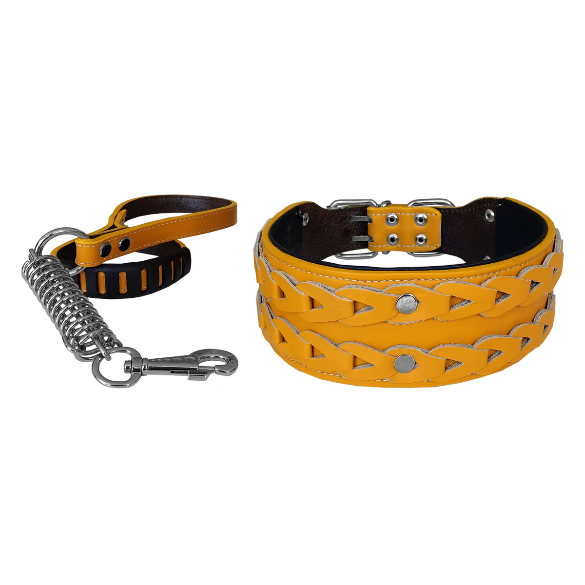 Markapet Elegance Deri İşlemeli Lüks Köpek Tasma Seti XL 7 cm*60-68 cm Sarı - DR-5001