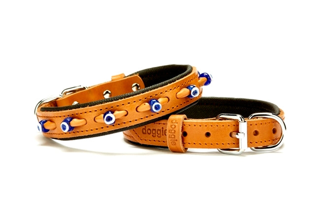 Nazar Boncuklu Küçük Deri Köpek Boyun Tasması 2,0x45 cm Kamel - SBT-2023-M-KAM