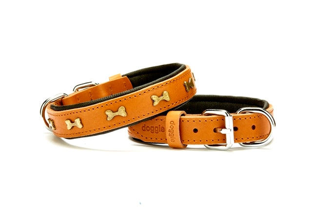 Doggie Metal Kemik Desenli Deri Köpek Tasması 2 cm / 45 cm Kamel - SBT-2062M-KML