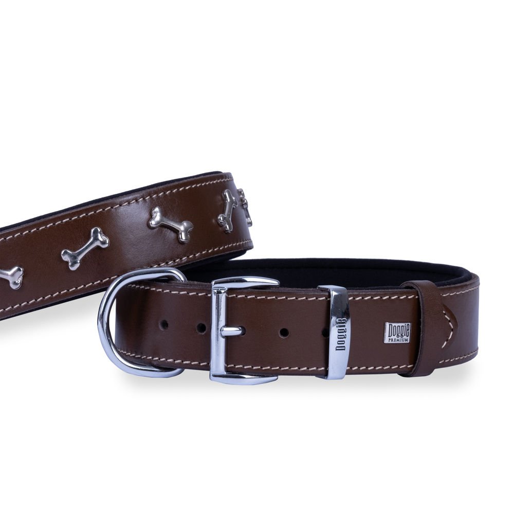 Doggie Gerçek Deriden El Yapımı Kemik Süslü Köpek Boyun Tasması 4x52-60 cm Kahverengi - SBT-4060M-KHV